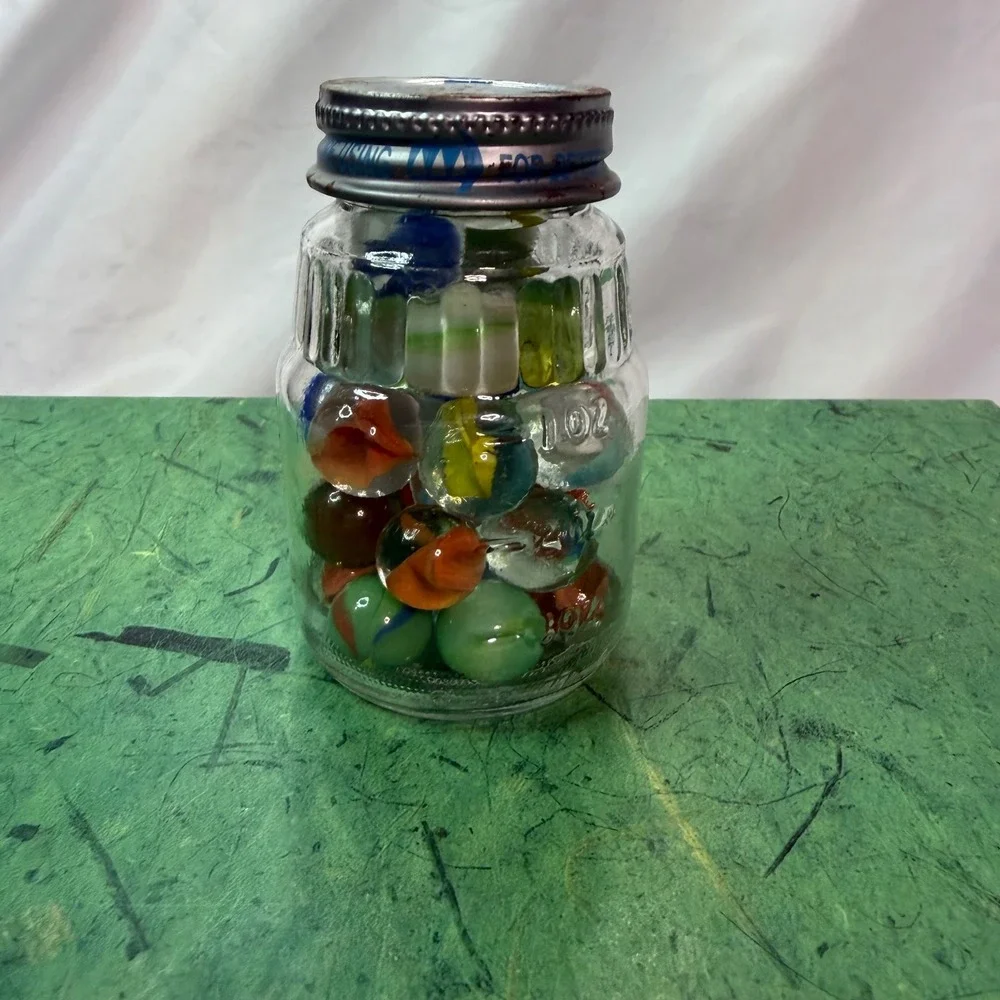 Vintage Assorted Glass Marbles in 1980 Gerber Baby Food Jar Retro Collection Lot
